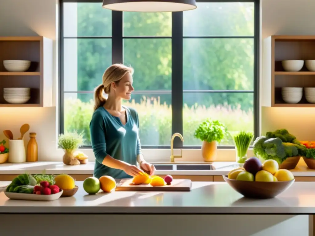 Una cocina moderna y serena con ventana abierta hacia un apacible jardín