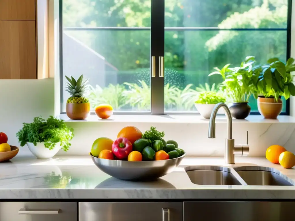 Una cocina moderna y serena con ventanales que ofrecen vistas a un exuberante jardín