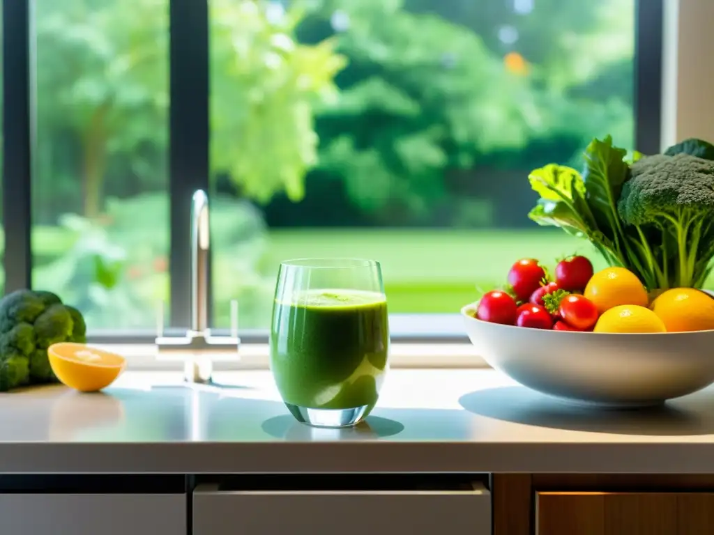 Una cocina moderna y serena con vista a un exuberante jardín