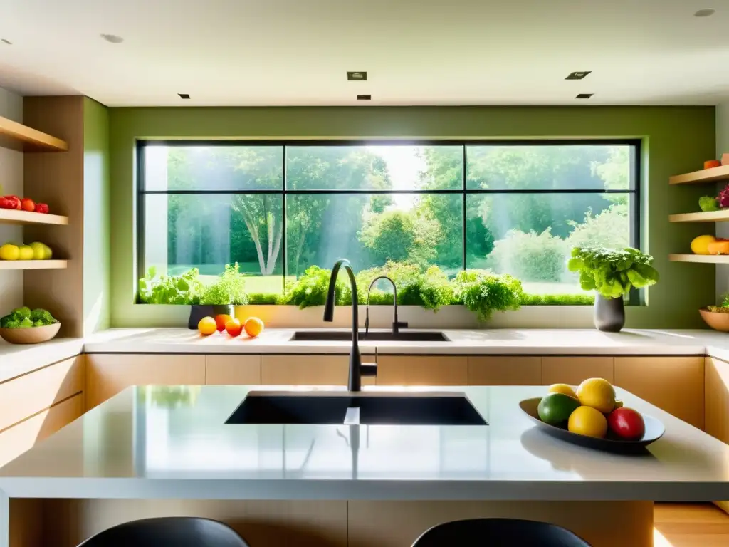 Una cocina moderna con ventana panorámica, frutas y verduras, transmitiendo frescura y vitalidad