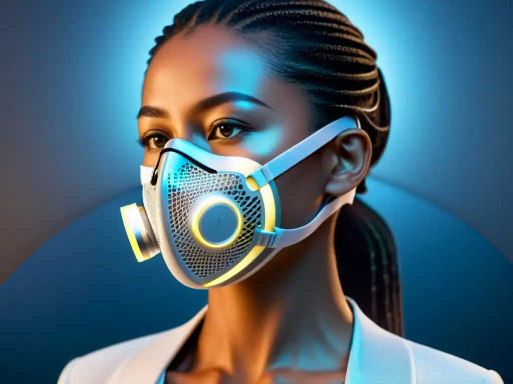 Colaboraciones para ampliar productos de respiración: imagen detallada de una persona con máscara respiratoria futurista, resaltada por una suave luz difusa