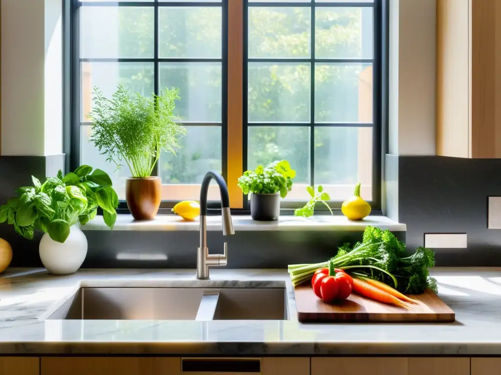 Coloridas hierbas frescas y vegetales en una cocina moderna, bañados por luz natural