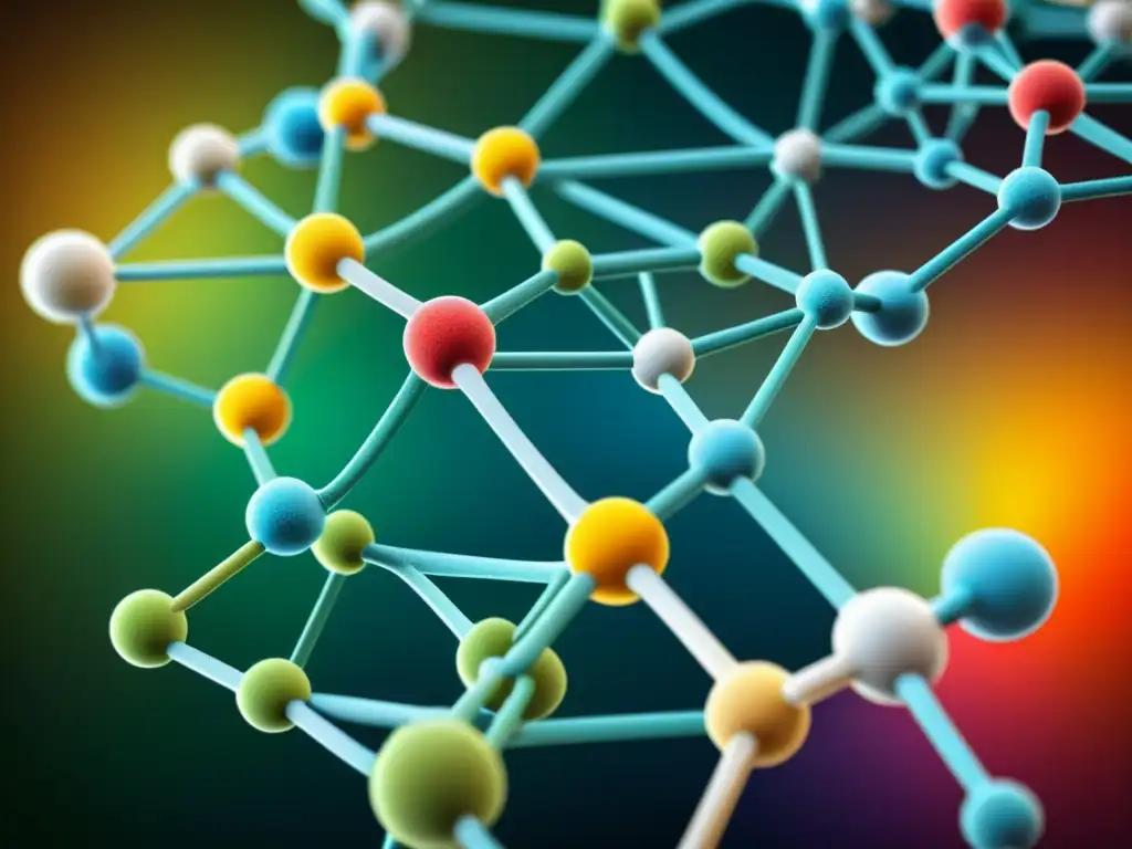 Compleja red de aminoácidos en microscopio, con vibrantes colores y elegante fondo, demostrando los beneficios de aminoácidos para respiración