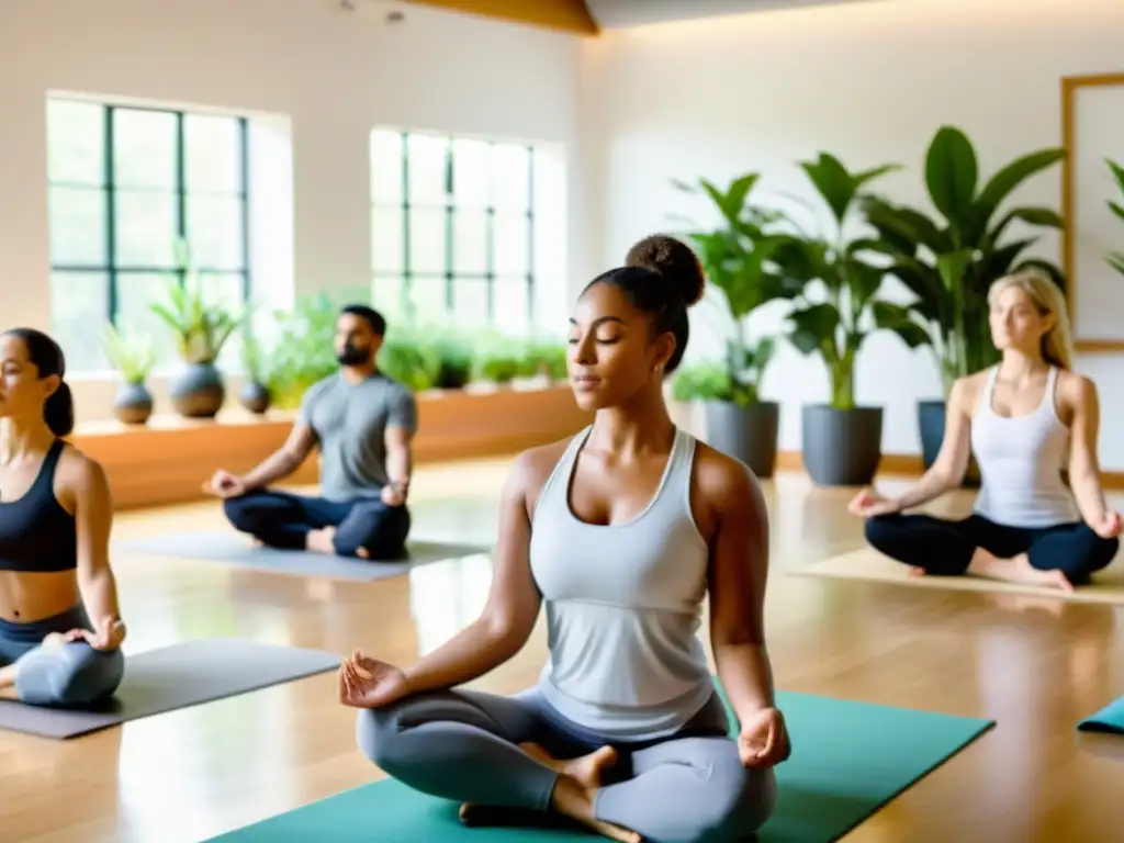 Guía completa para diseñar curso de relajación con estudiantes practicando técnicas de respiración en un aula tranquila y moderna