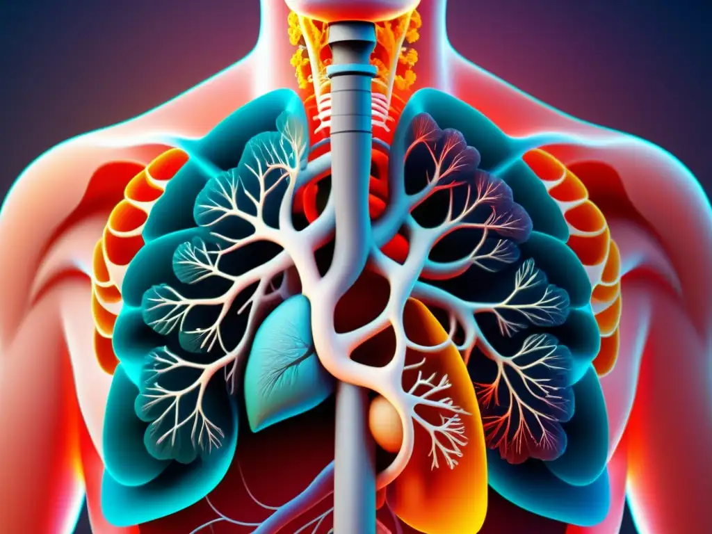 Completa ilustración 8k del sistema respiratorio humano, destacando la red de vías respiratorias, pulmones y diafragma