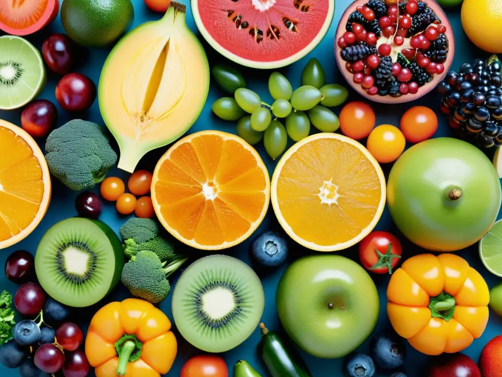 Una composición circular de frutas y verduras coloridas, cada una cortada para mostrar sus micronutrientes esenciales para respiración celular