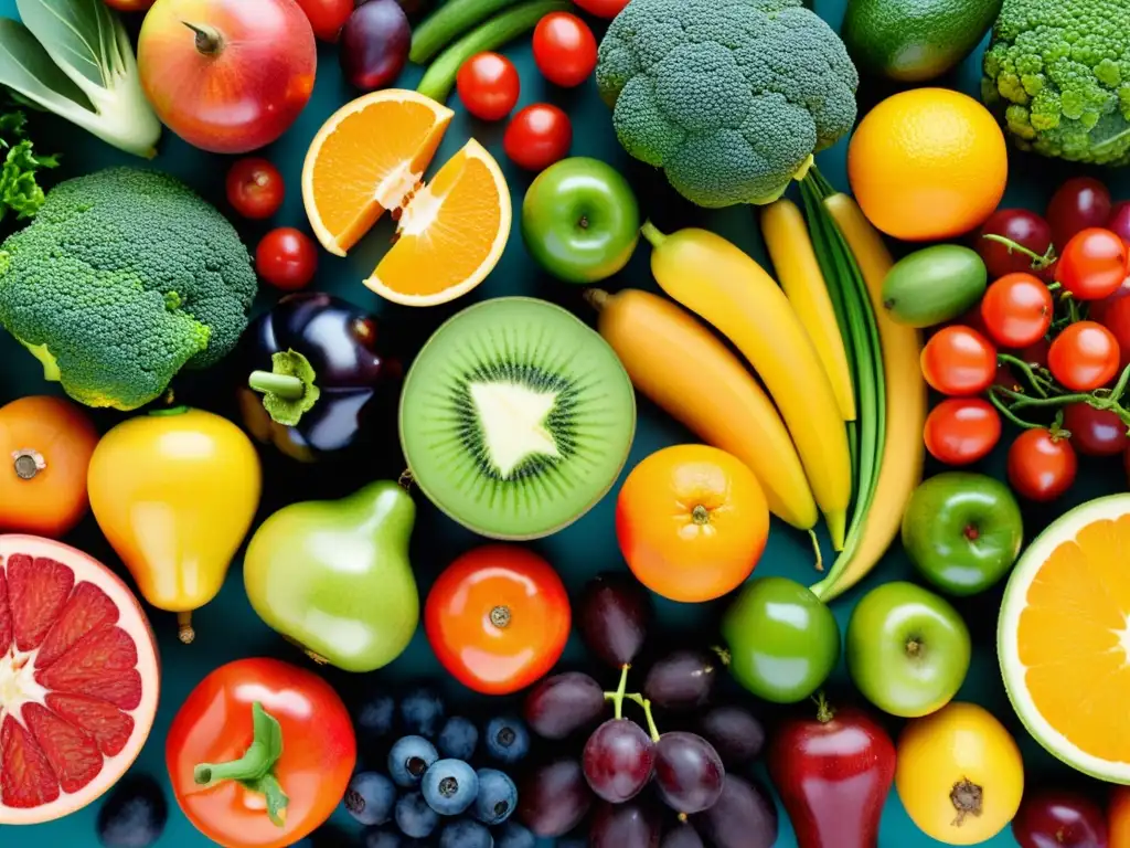 Una composición impresionante de frutas y verduras coloridas, resaltando sus vitaminas y minerales para la respiración