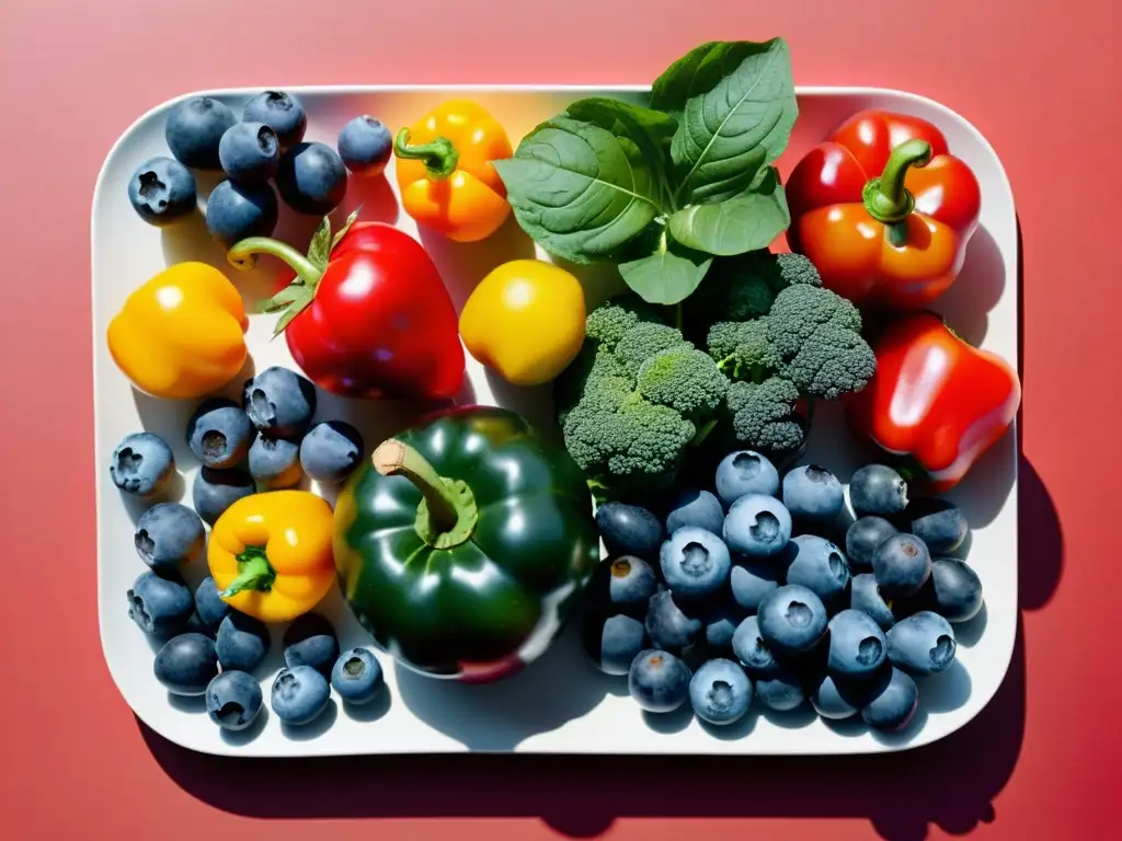 Una composición moderna y vibrante de frutas y verduras ricas en antioxidantes