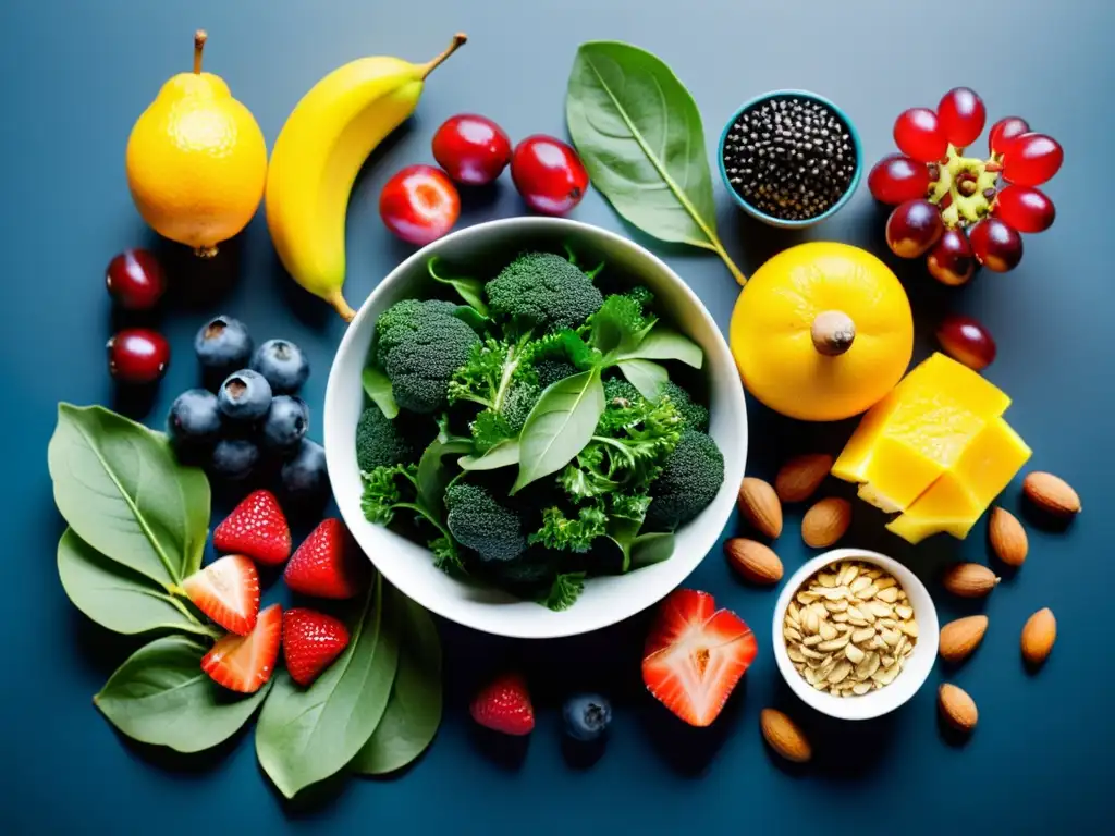 Una composición vibrante de alimentos ricos en antioxidantes para pulmones, como frutas, verduras, nueces y semillas, que evoca vitalidad y salud