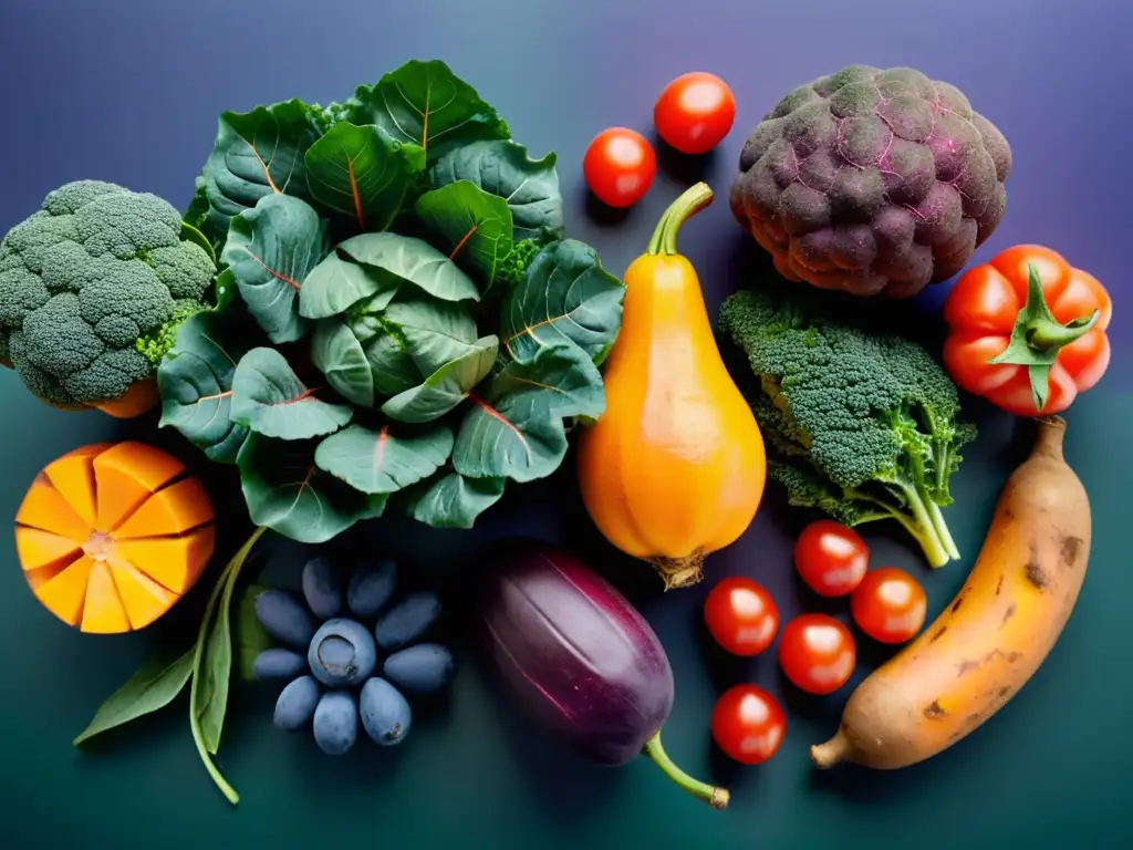 Una composición vibrante de frutas y verduras frescas para la salud pulmonar, con colores vivos y sabores naturales