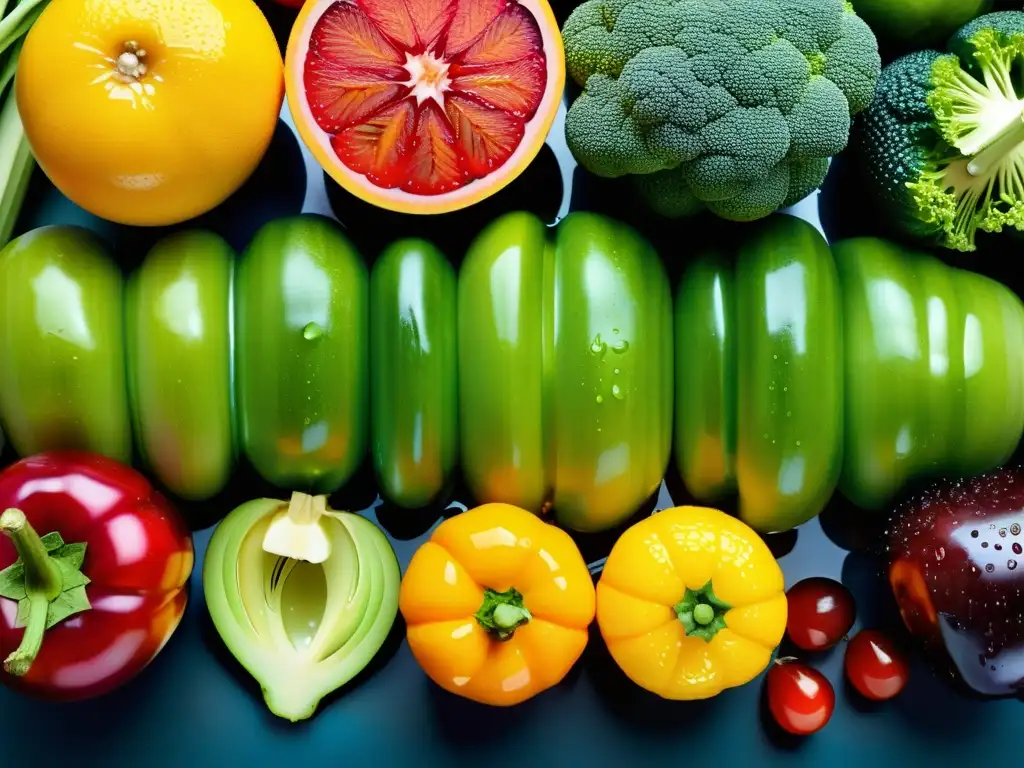 Una composición vibrante de frutas y verduras frescas con gotas de agua, ideal para una alimentación para asmáticos