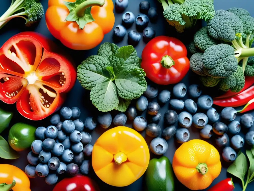 Una composición vibrante de frutas y verduras frescas, que refleja la importancia de antioxidantes en la respiración y la vitalidad natural