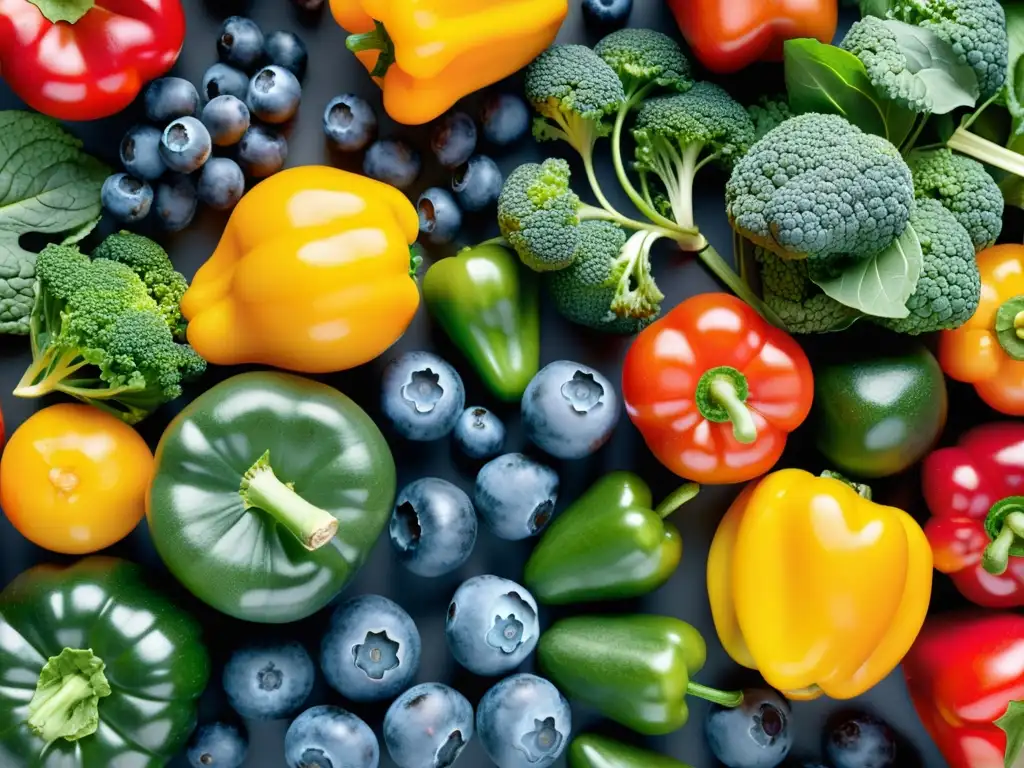 Una composición vibrante de frutas y verduras antioxidantes, con colores vivos y texturas realistas