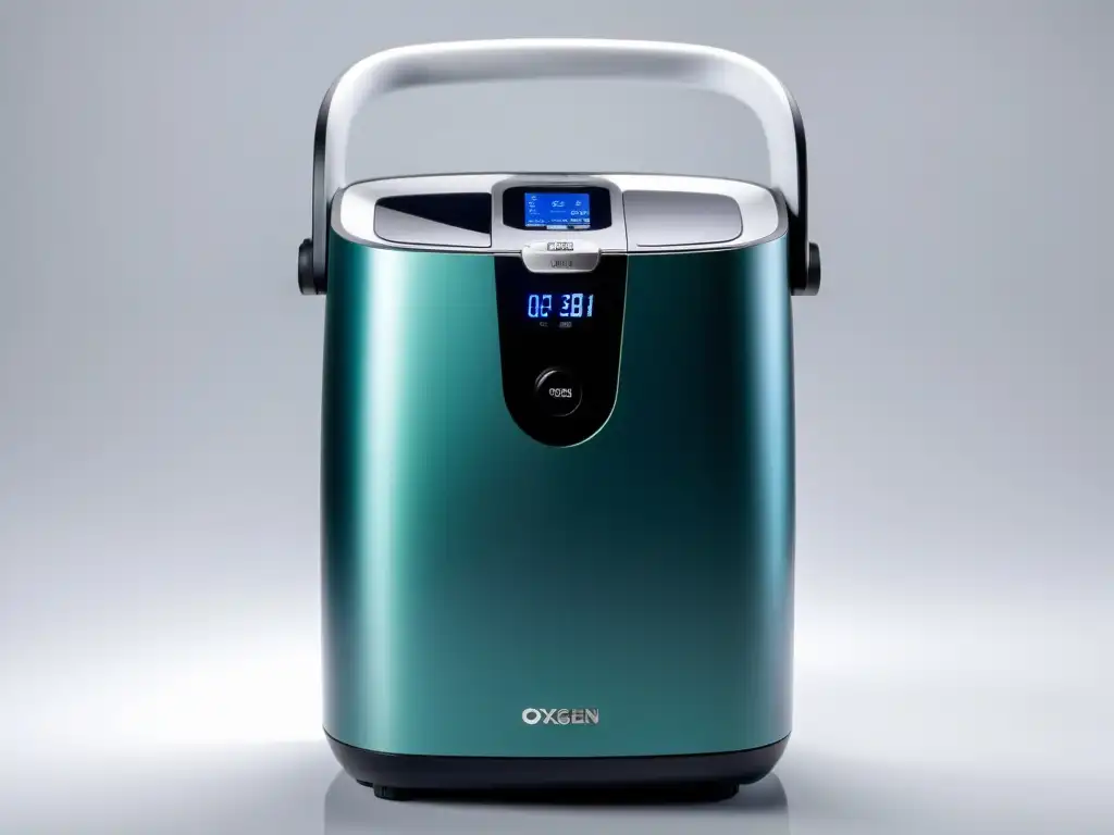 Oxígeno portátil: diseño moderno y compacto Un concentrador de oxígeno portátil, ligero y moderno, con diseño futurista