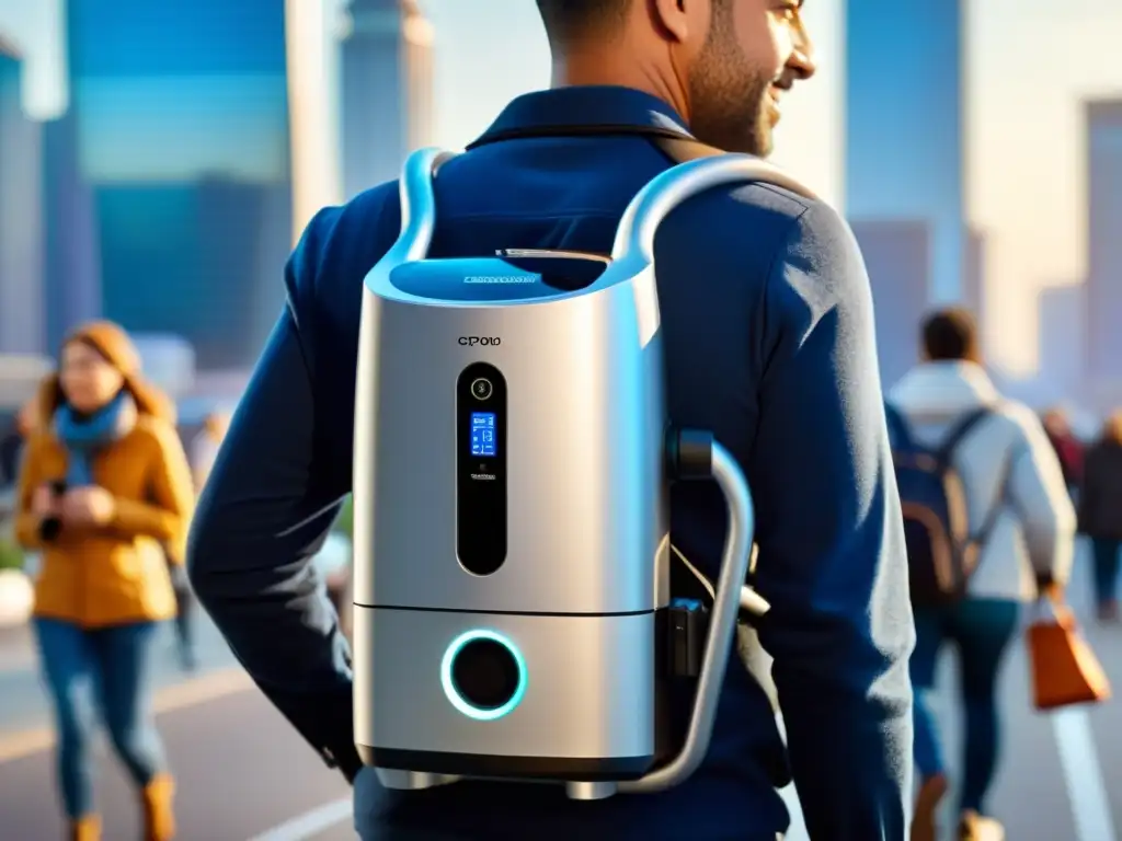 Concentrador de oxígeno portátil: libertad y tecnología Un concentrador de oxígeno portátil moderno en una ciudad vibrante, simbolizando la libertad para quienes padecen EPOC