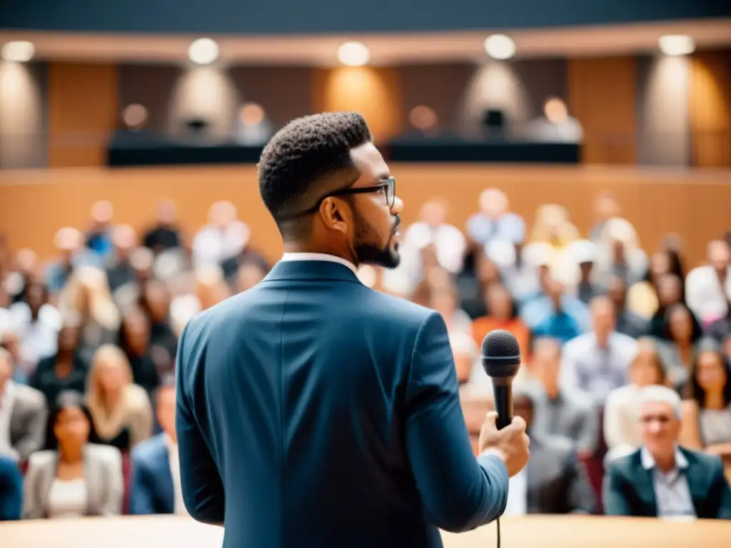 Un conferencista apasionado habla frente a una gran audiencia en un entorno profesional, transmitiendo la importancia de la respiración para marketing