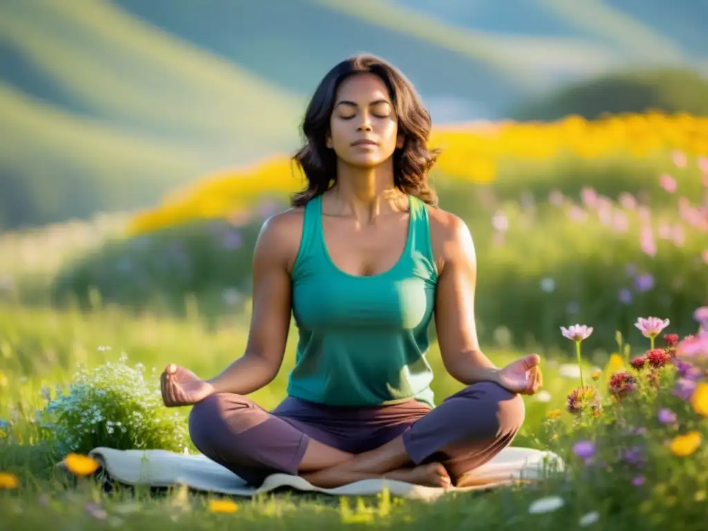 Yogi en meditación consciente en un prado verde rodeado de flores silvestres, representa los beneficios de la respiración consciente en Yoga