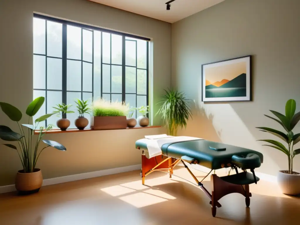 Estudio de acupuntura sereno con luz natural y decoración minimalista Consultorio de acupuntura sereno con decoración minimalista, luz natural y flujo Qi respiratorio armonioso