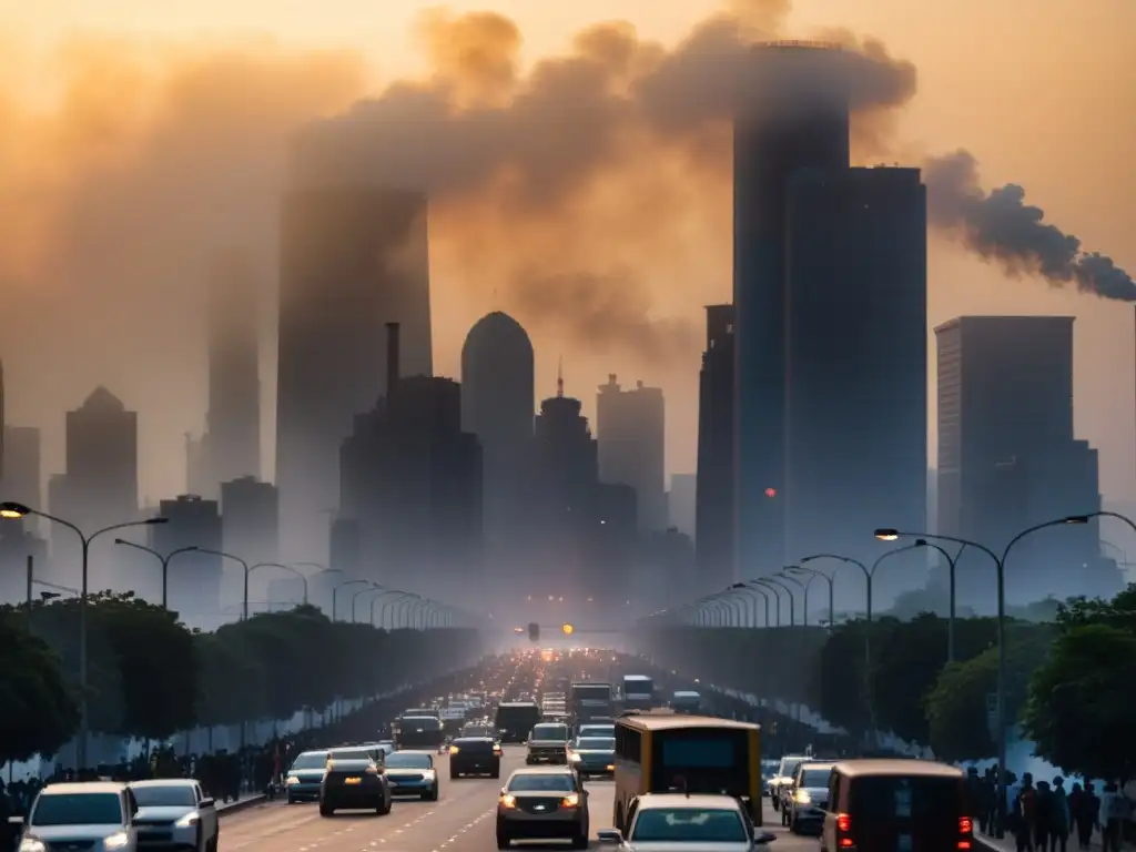 Contaminación del aire y salud global: Ciudad contaminada con smog, personas con mascarillas, activistas por el aire limpio