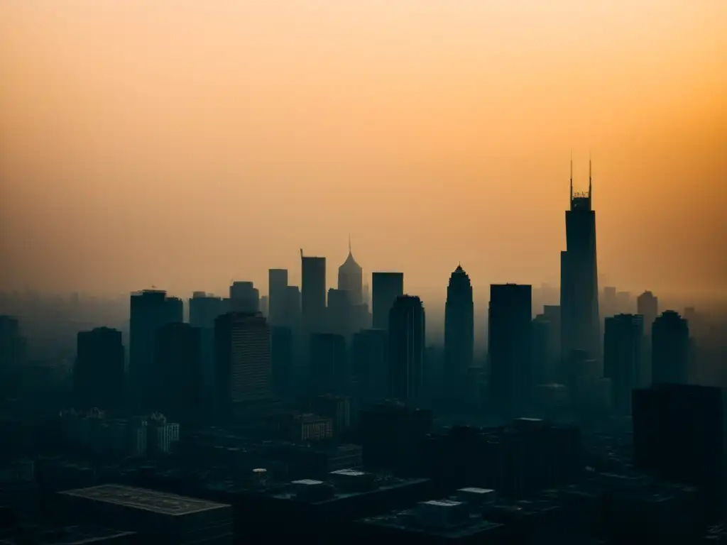 Contaminación del aire y salud global: Imagen de la ciudad envuelta en smog, con siluetas apenas visibles y un tono naranja inquietante