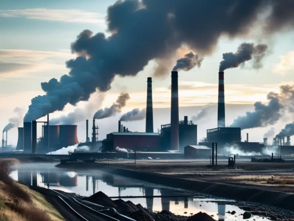 Contaminación industrial: impacto en el medio ambiente Contaminación atmosférica por industrias: Un paisaje industrial con humeantes chimeneas crea una atmósfera ominosa y contaminada
