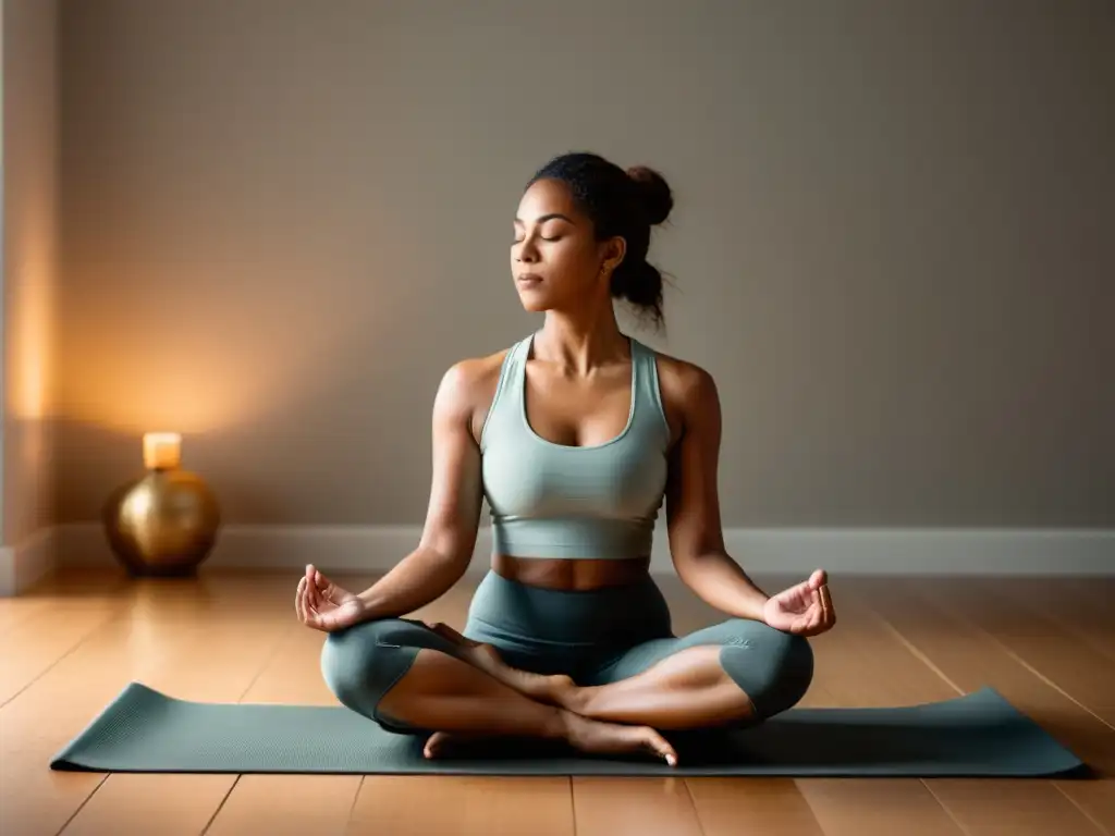 Práctica de control de la ira mediante respiración: persona relajada en postura de yoga, rodeada de luz suave y ambiente tranquilo