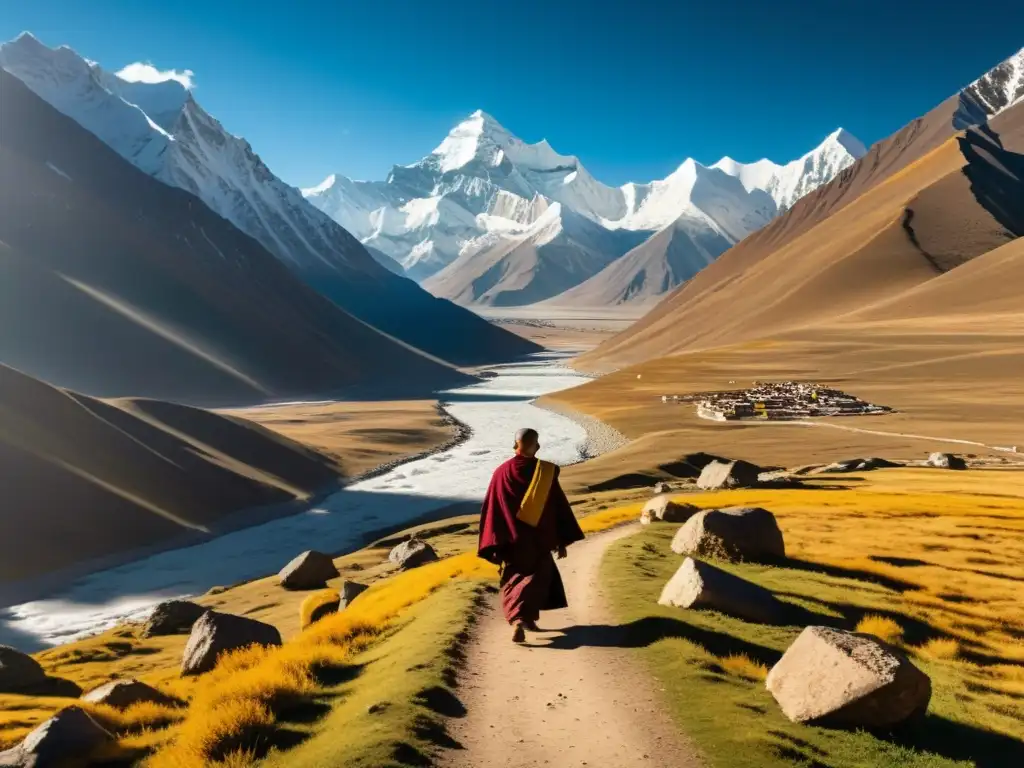 Control de la respiración en Tíbet: paisaje majestuoso de montañas nevadas, valles profundos, banderas de oración ondeando y monjes meditando