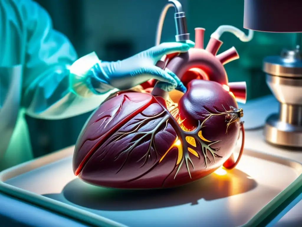 Un corazón humano en cirugía, con técnicas respiratorias en cardiopatías congénitas, iluminado por luces quirúrgicas brillantes