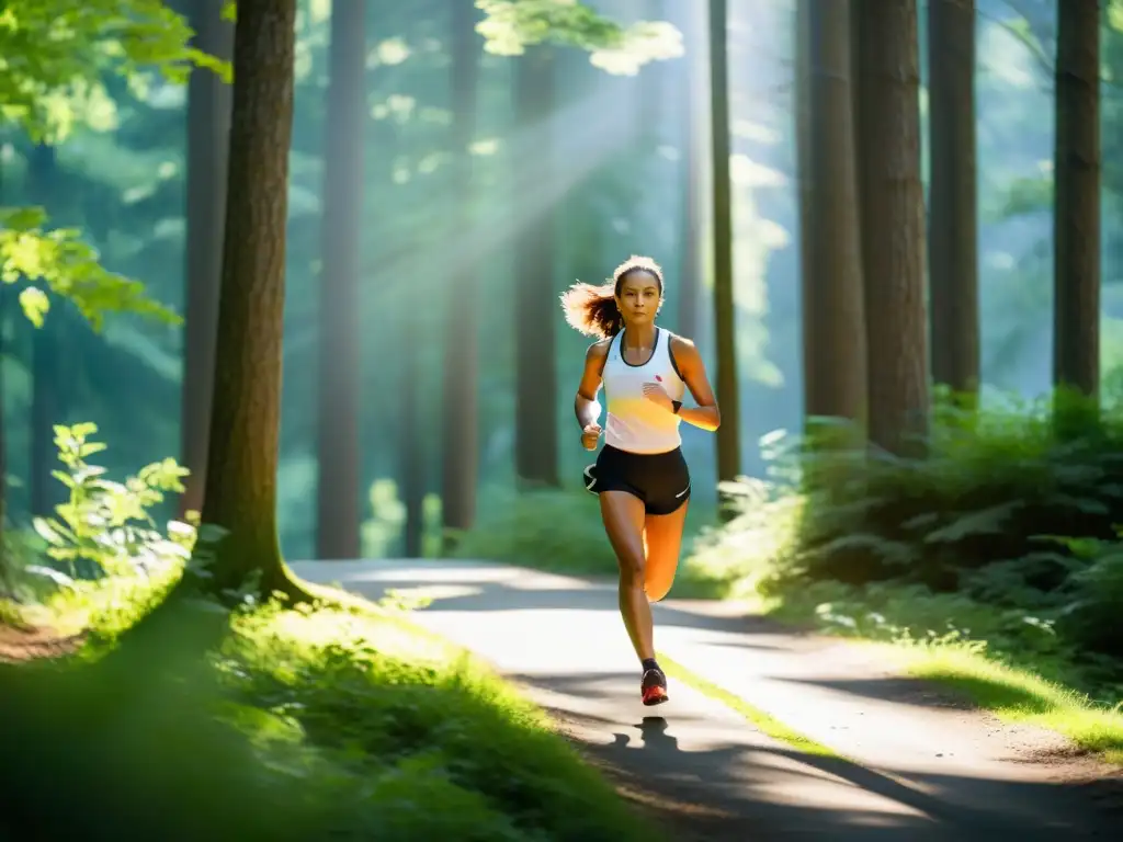 Un corredor respira profundamente mientras trota en un bosque tranquilo, con la luz del sol filtrándose entre los árboles