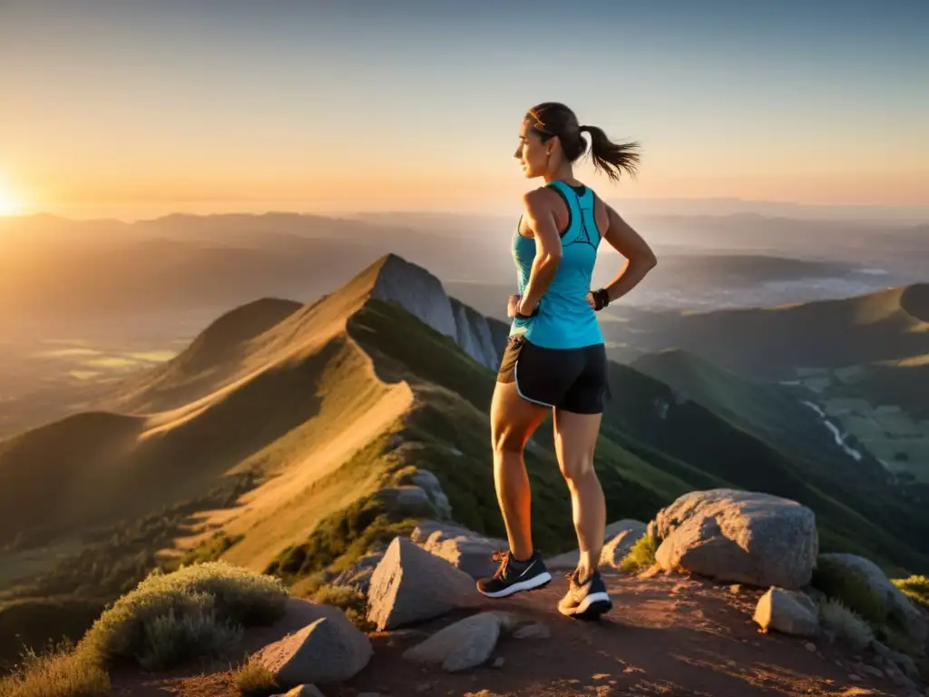 Corredor en la cima de la montaña, inspirando profundamente al amanecer, mostrando determinación y fuerza