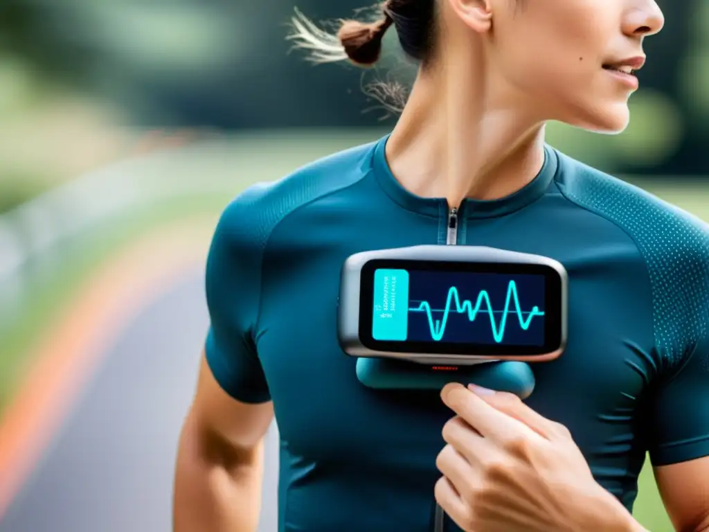 Un corredor con un wearable que monitorea la respiración, mostrando datos en tiempo real