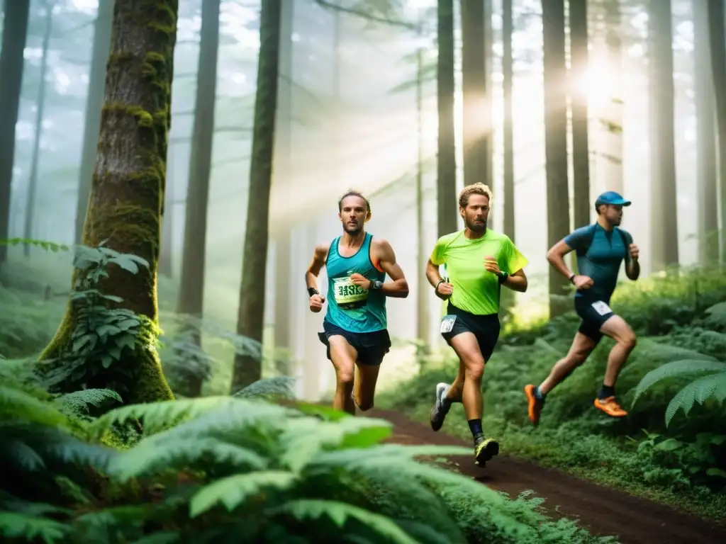 Corredores de ultramaratón luchando cuesta arriba en un bosque neblinoso