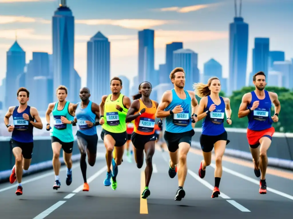 Maratón urbano: Competencia y determinación en la carrera Corredores de maratón en plena competencia en la ciudad, destacando la energía y la respiración diafragmática en corredores de maratón