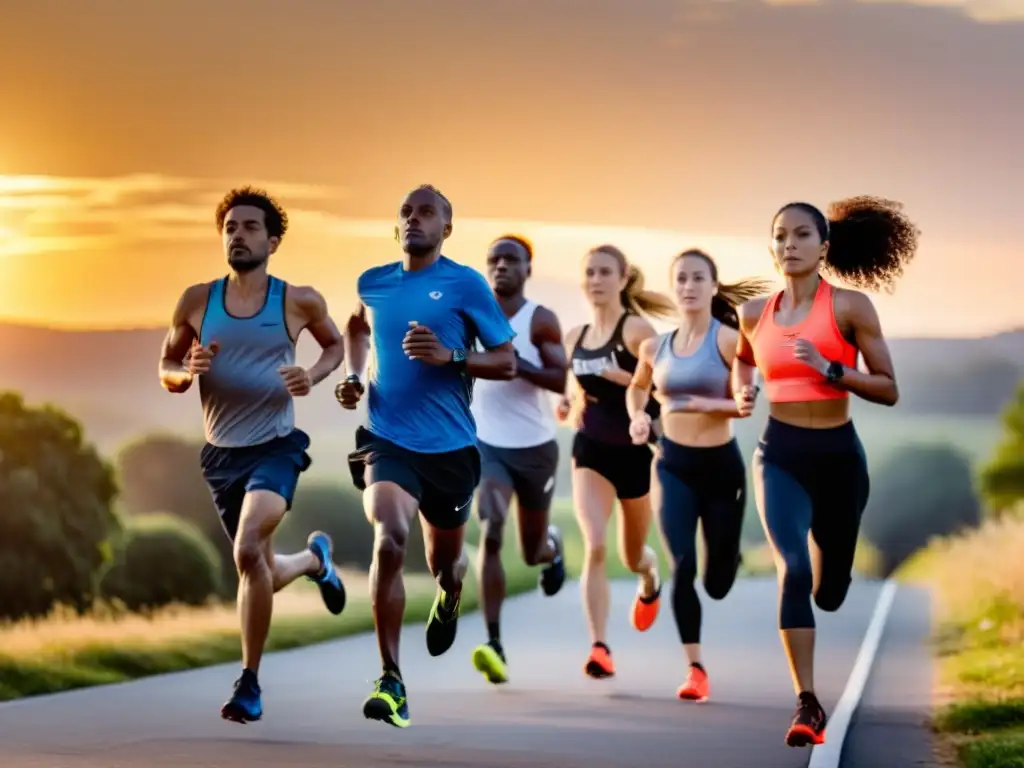 Corredores practicando técnicas de respiración para correr al atardecer, mostrando determinación y tranquilidad en su entrenamiento