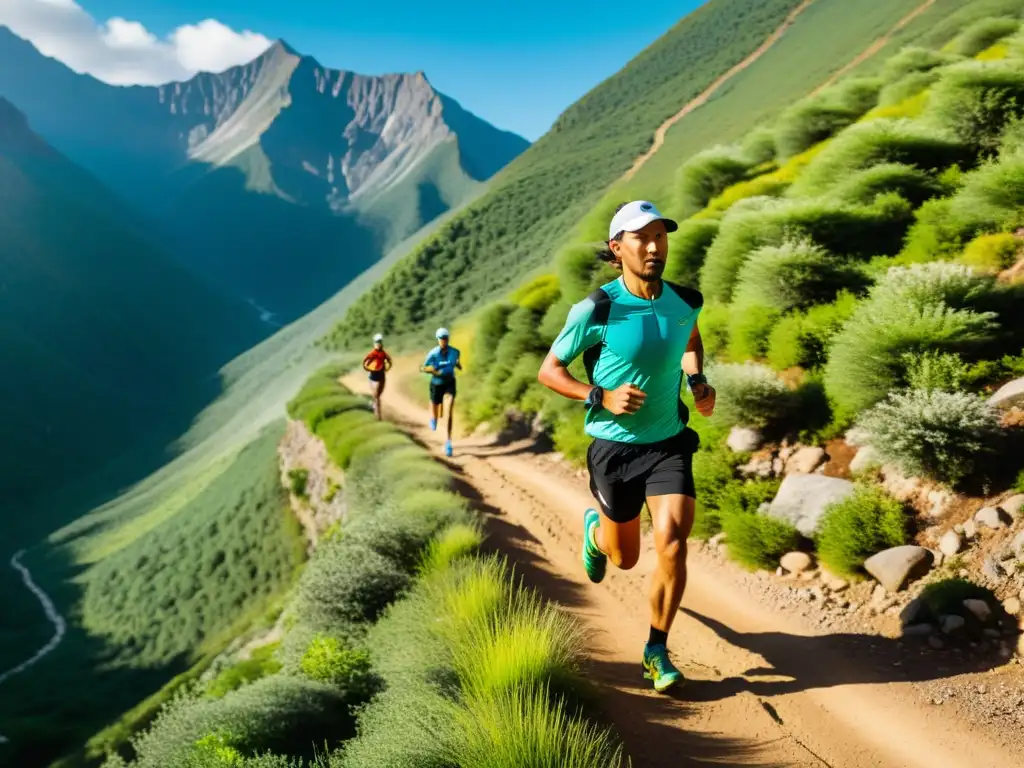 Corredores de ultradistancia en sendero montañoso, expresiones determinadas, atuendos deportivos modernos y húmedos, rodeados de exuberante vegetación