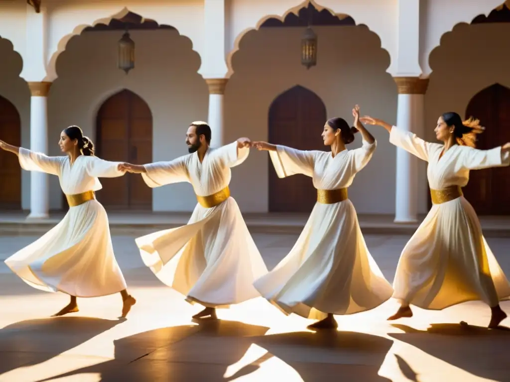 Danzarines sufíes en túnicas blancas, girando en un patio soleado, expresando la respiración en la danza sufí con gracia y serenidad