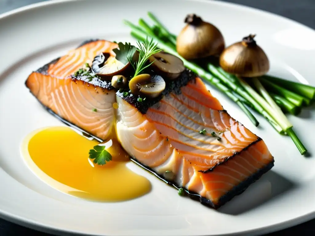 Deliciosa comida: salmón, champiñones y jugo de naranja fortificado