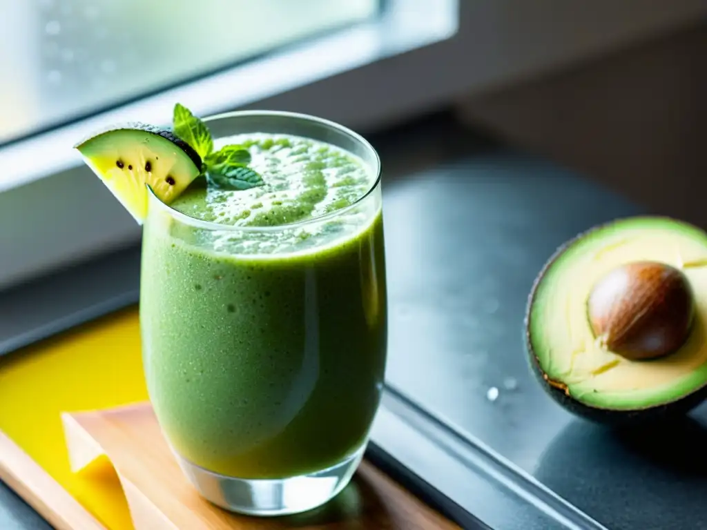 Un delicioso batido verde en vaso lleno, con aguacate, semillas de chía y menta fresca