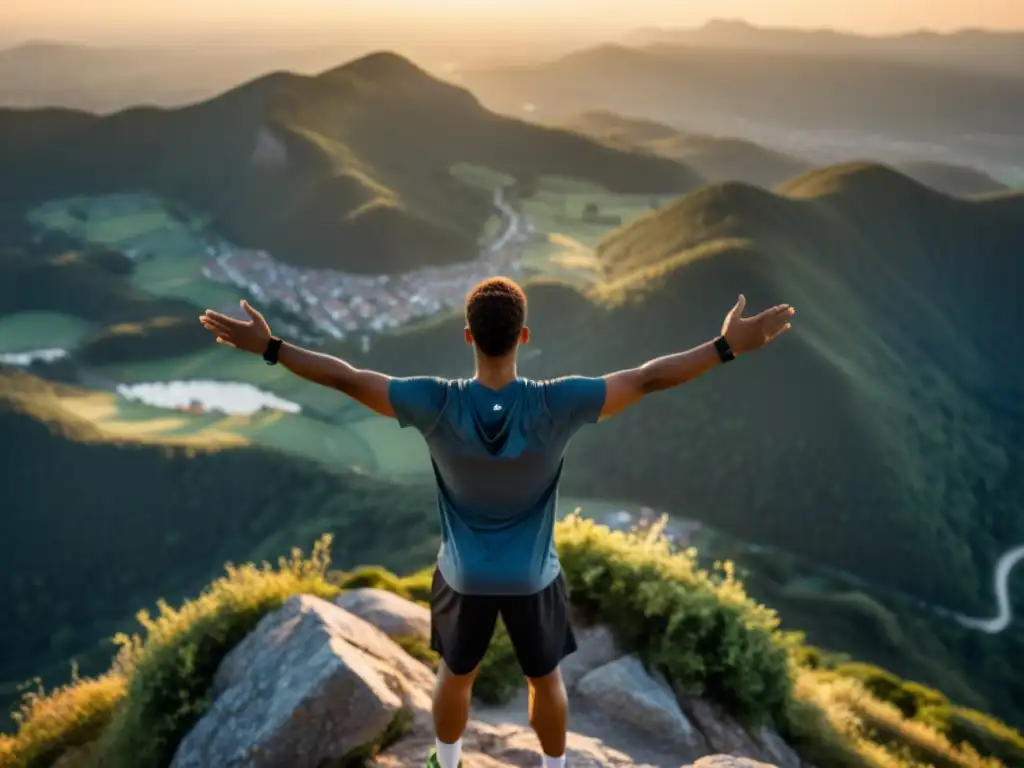 Deportista en la cima de la montaña practicando respiración consciente para mejorar rendimiento deportivo