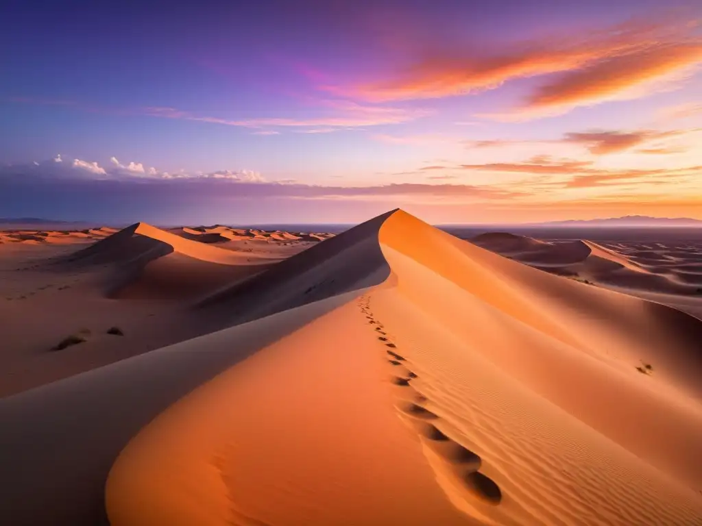 Un desierto sereno al atardecer, con tonos vibrantes de naranja, rosa y morado pintando el cielo