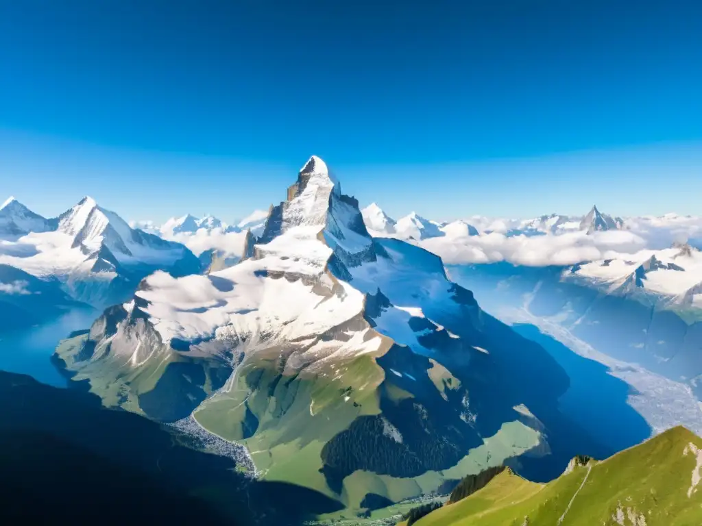 Destinos con la mejor calidad del aire: Majestuosos picos nevados de los Alpes suizos, bañados por la luz del sol en un cielo azul claro