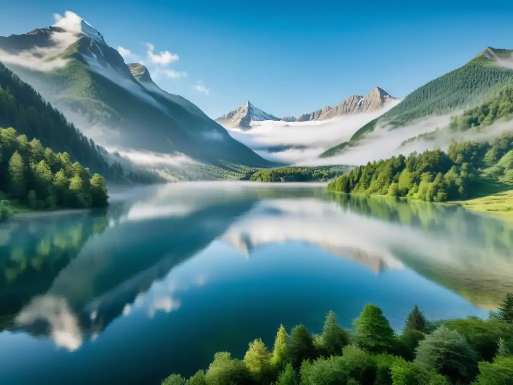 Destinos con la mejor calidad del aire: Lago de montaña sereno rodeado de bosques verdes, con niebla sobre el agua y cielos despejados