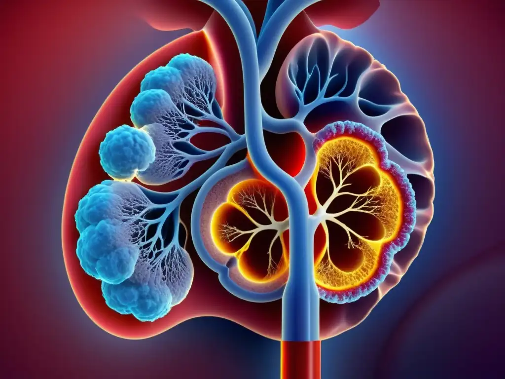 Ilustración médica detallada de los alvéolos pulmonares afectados por el síndrome de dificultad respiratoria aguda (SDRA)