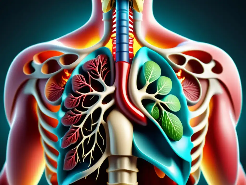 Detallada ilustración anatómica en 8k de la cavidad torácica resalta la protección de órganos respiratorios