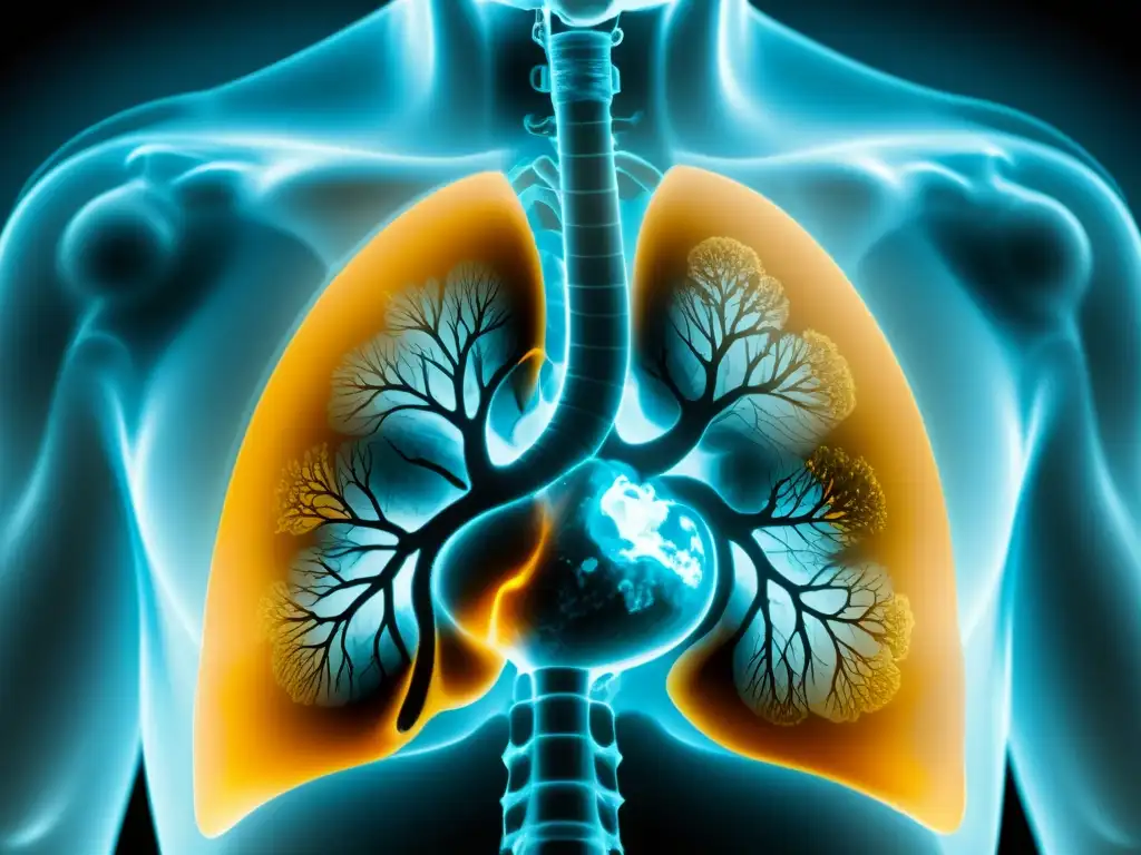 Radiografía detallada del desarrollo pulmonar en niños y cambio climático, mostrando impacto de la contaminación en sus pulmones en desarrollo