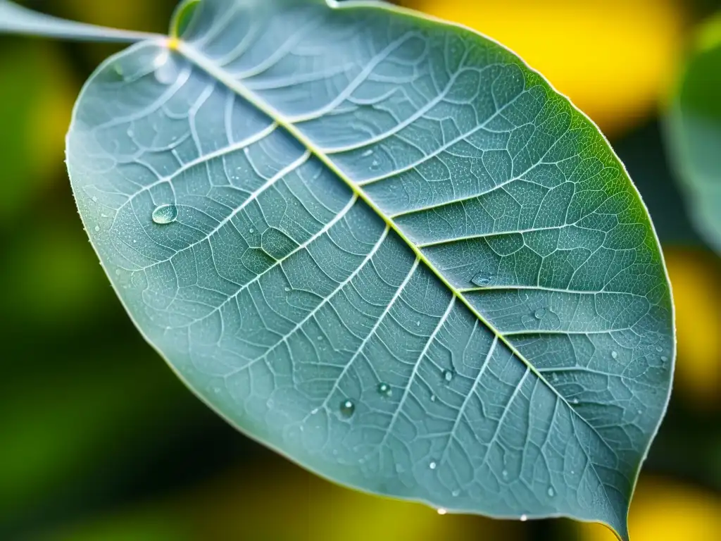 Detallada hoja de eucalipto verde con rocío, evocando frescura y vitalidad para fitoterapia efecto balsámico vías respiratorias