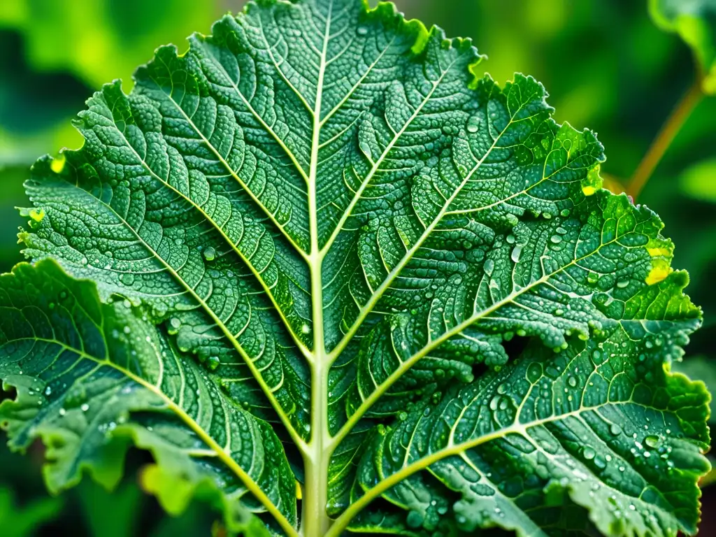 Detallada hoja de col rizada verde con gotas de agua brillantes al sol