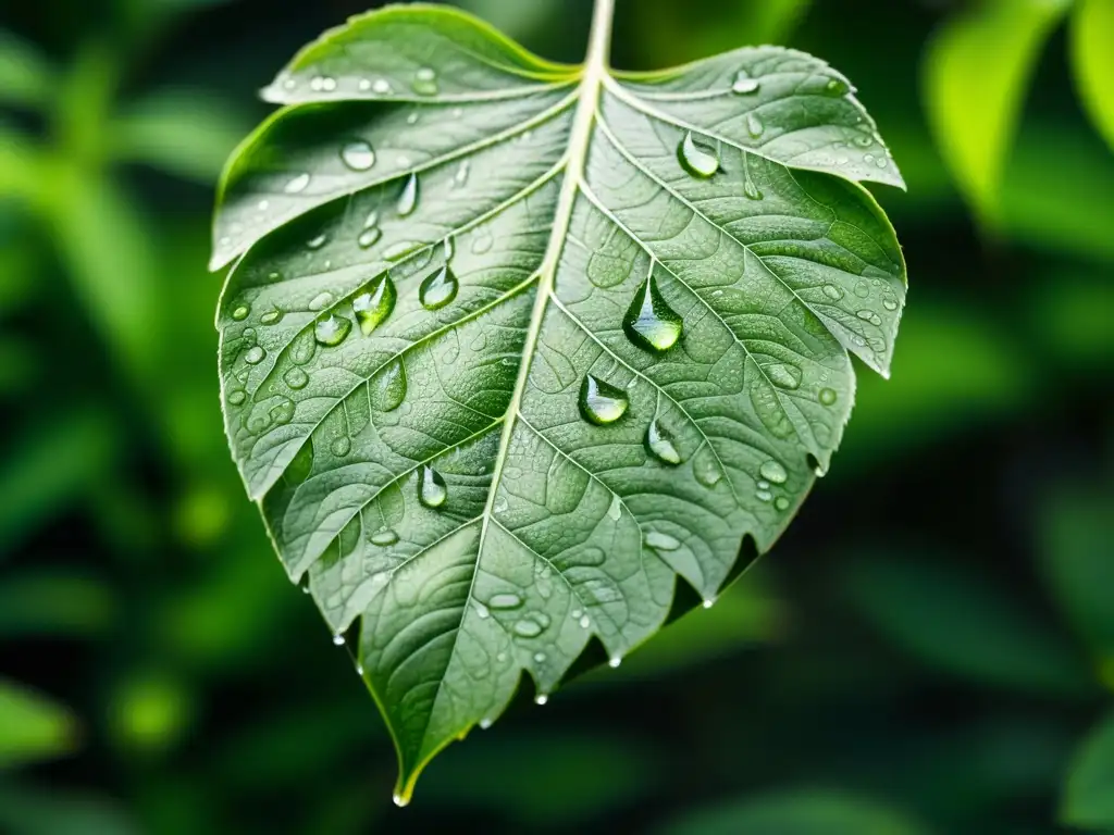 Detallada hoja verde con venas y gotas de agua, iluminada por luz natural, en un jardín vibrante