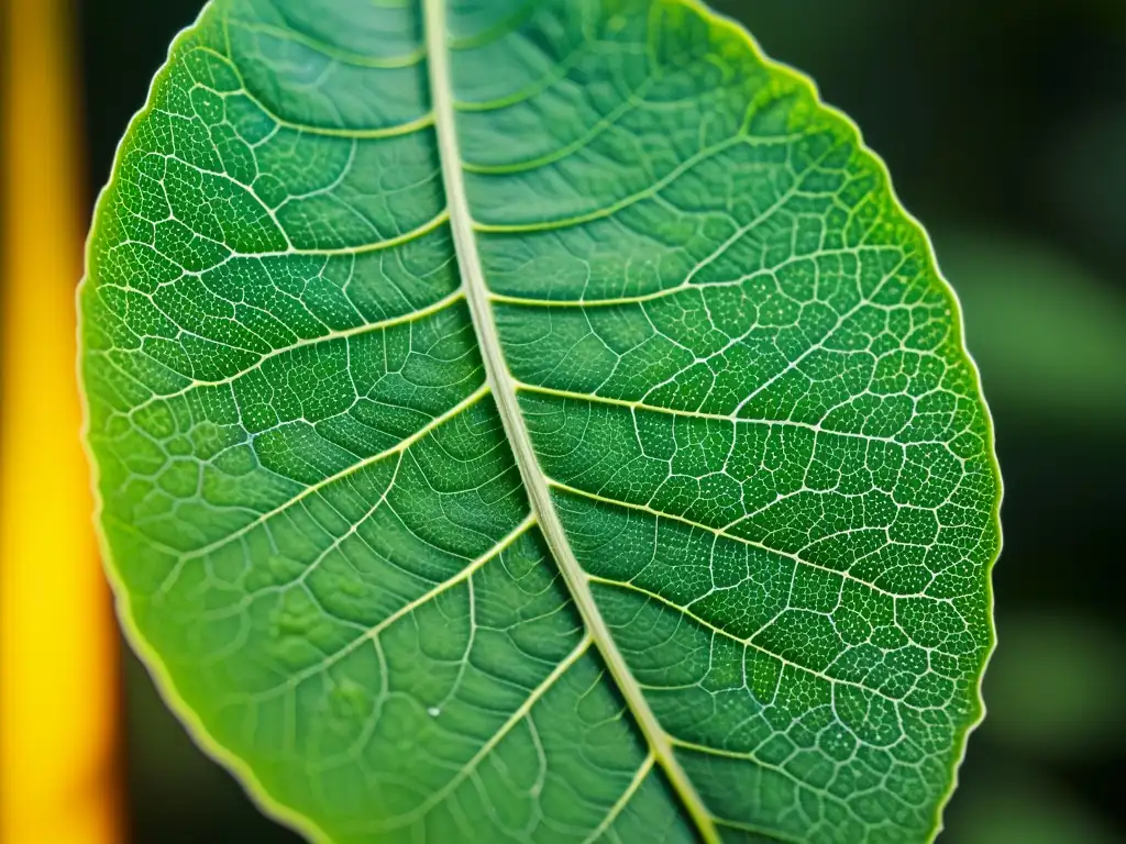 Detallada hoja verde con venas visibles, mostrando la delicada relación entre macronutrientes, respiración y mejora función respiratoria con macronutrientes