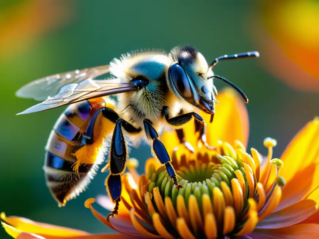 Detallada imagen de una abeja recolectando polen de una flor naranja brillante, resaltando los beneficios de la apiterapia respiratoria